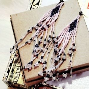 Pink Hand-Beaded Native American Tassel Earrings